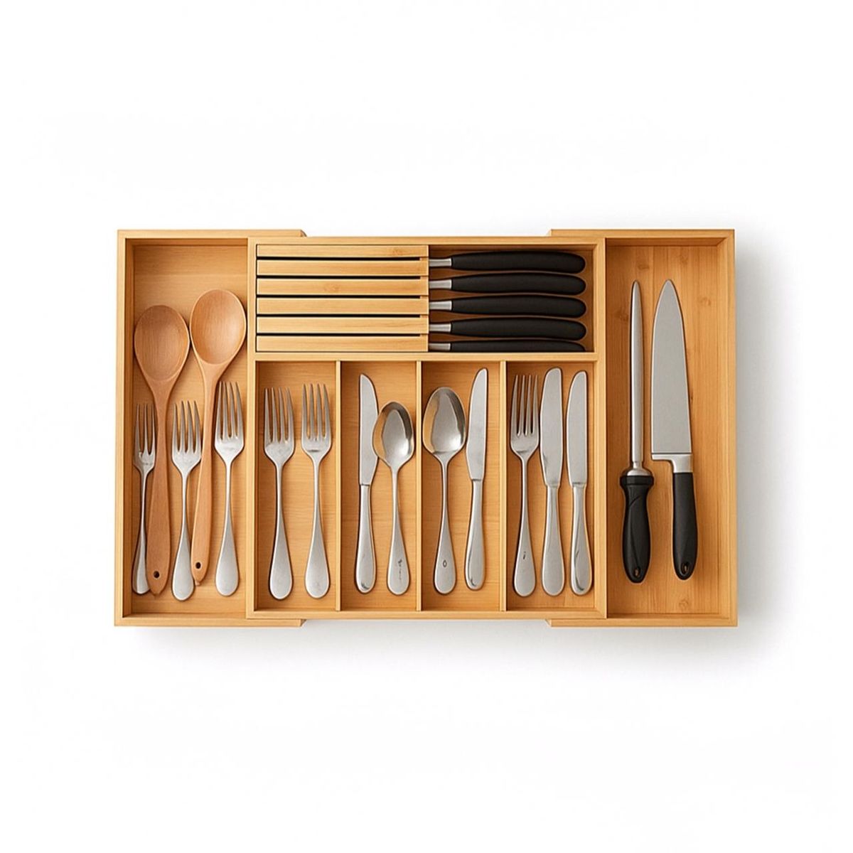 WAKESHOME - Organizador de cubiertos para cajón de bambú expandible