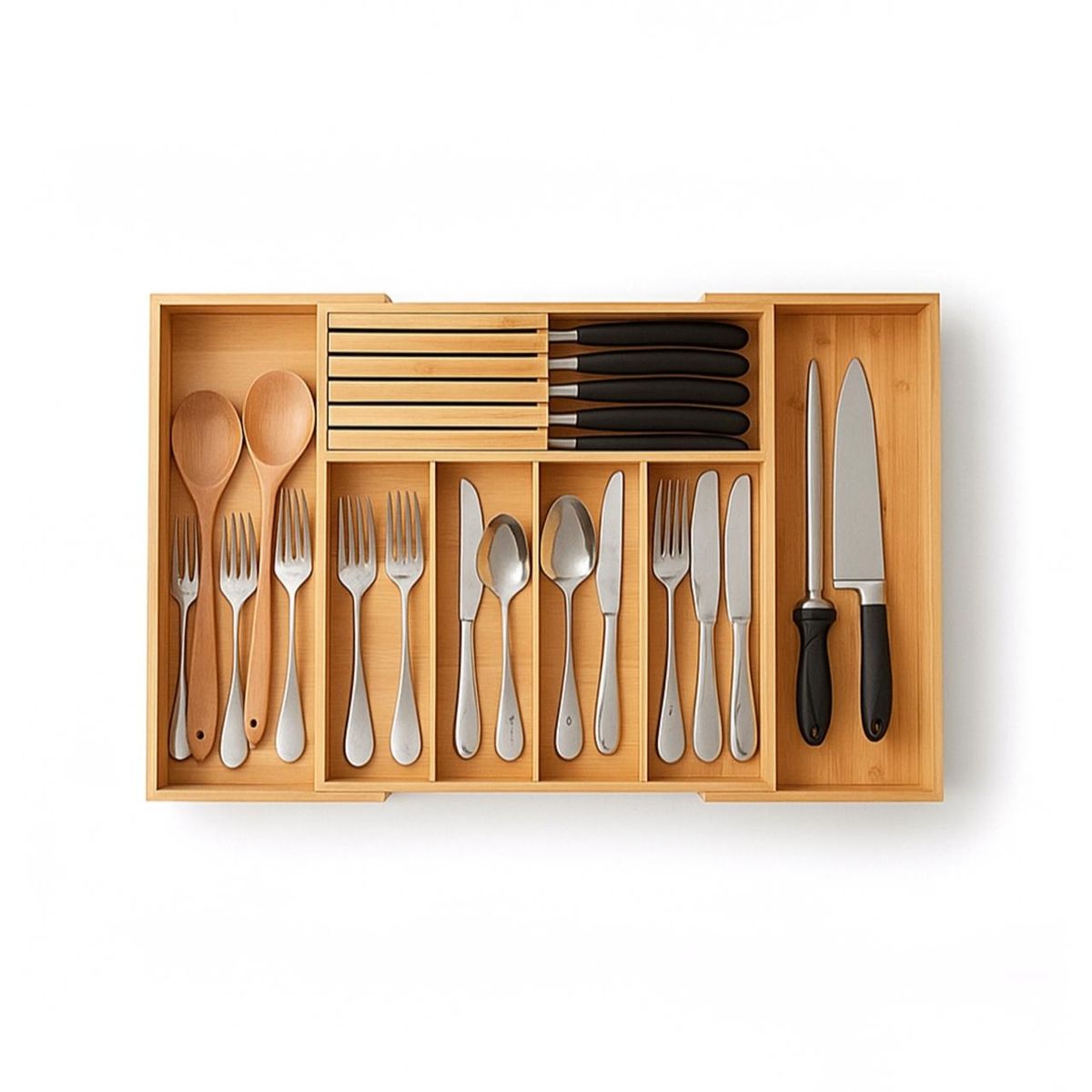 WAKESHOME - Organizador de cubiertos para cajón de bambú expandible