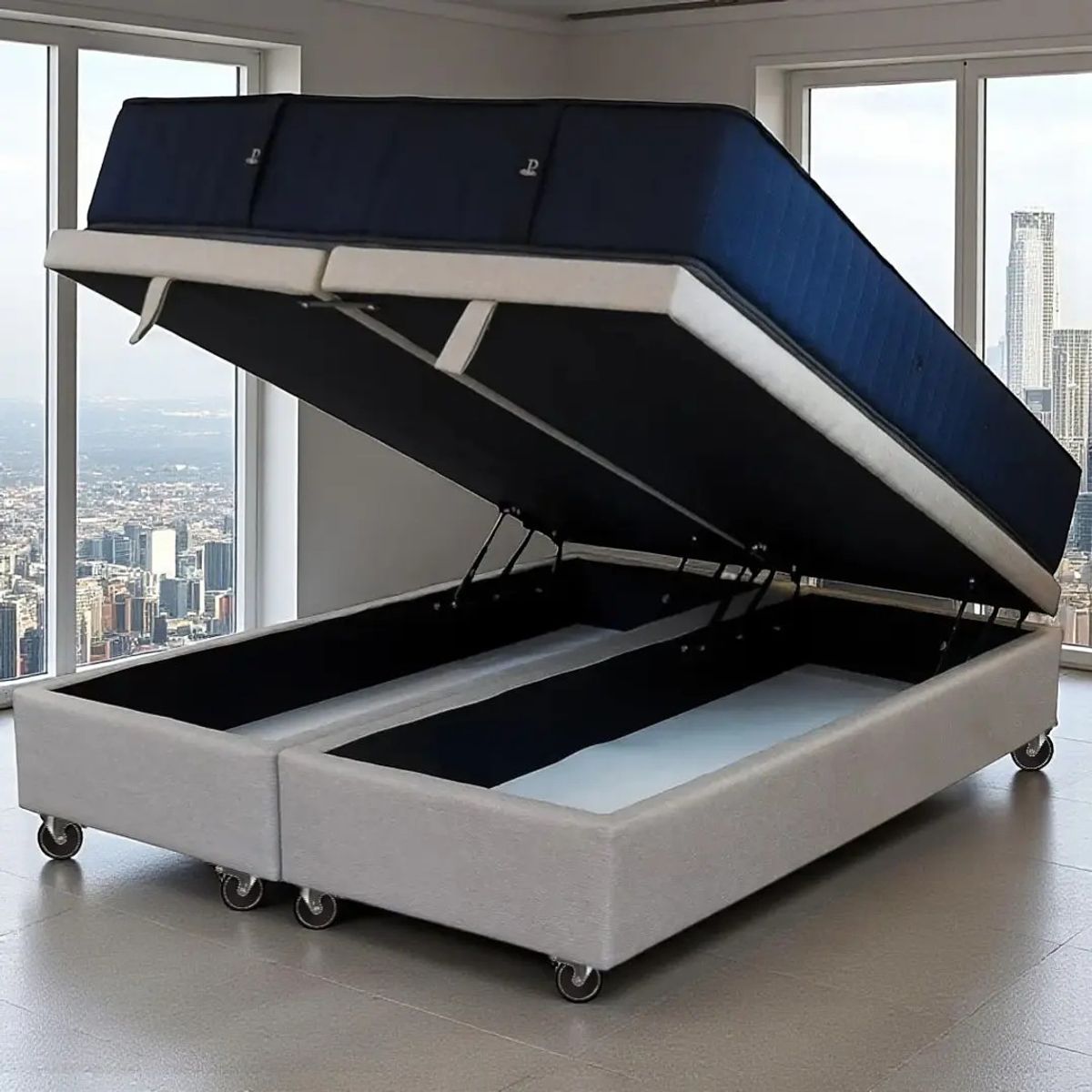 BLOCCARE - Cama Baul King + Colchon CIC SUPERPREMIUM  Ruedas PYTON Beige