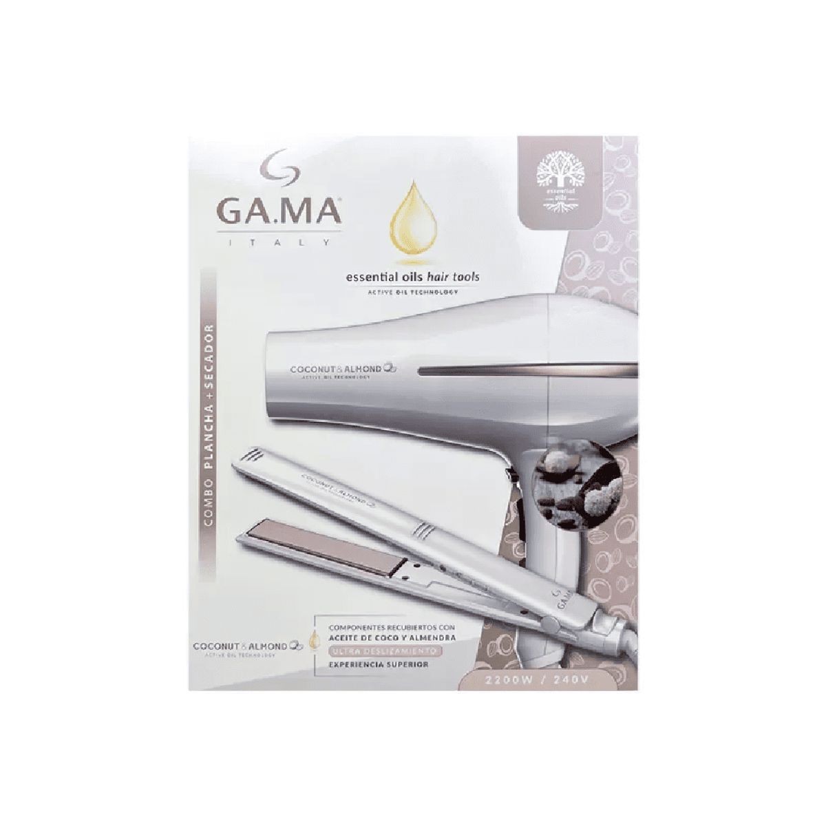 GAMA - Pack Gama Bora Secador + Planchita Elegance Coconut  Cabello Liso y Brillante