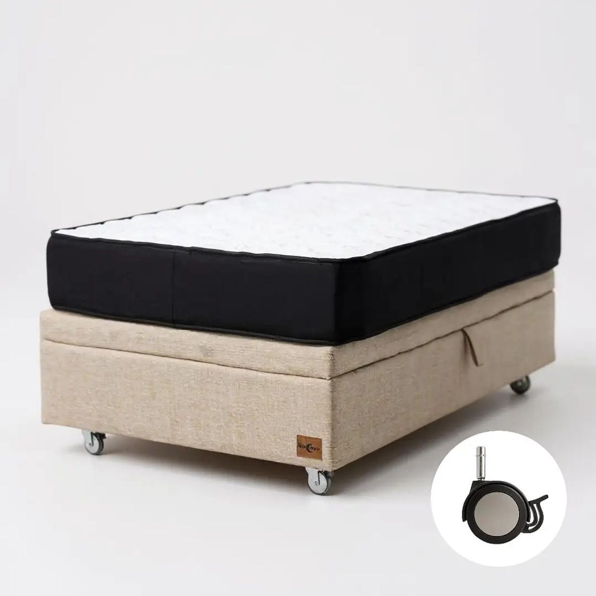 BLOCCARE - Cama Baul 1 Plaza + Colchon Black L190 / Con Ruedas LOGO (Beige)