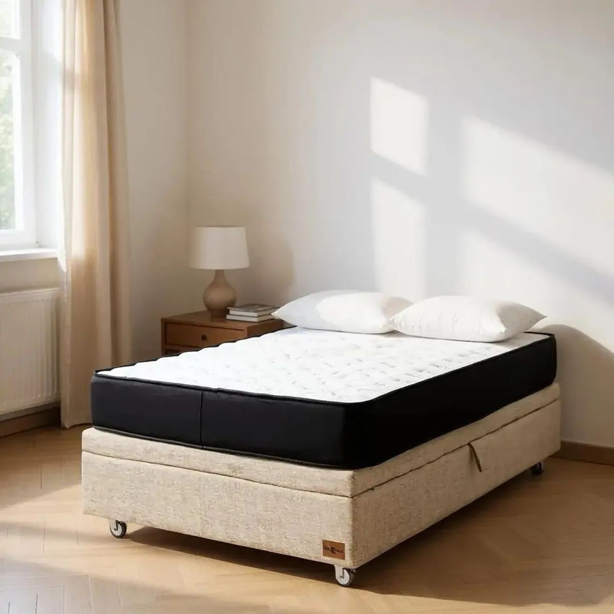BLOCCARE - Cama Baul 1 Plaza + Colchon Black L190 / Con Ruedas PYTON (Beige)