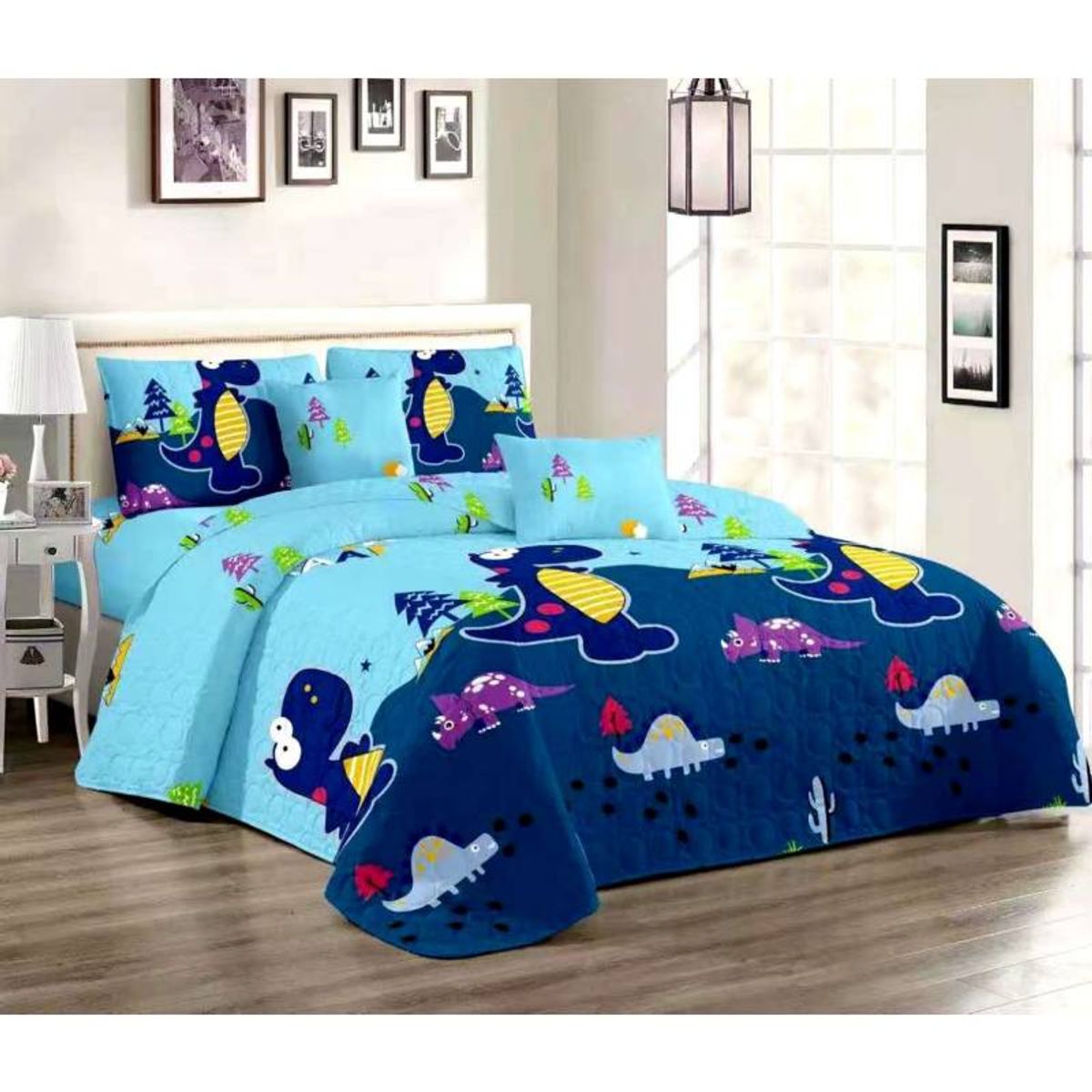 GENERICO - CUBRECAMA INFANTIL CON DISEÑO DINO AZUL 1.5 PLAZA  ALONSO_.