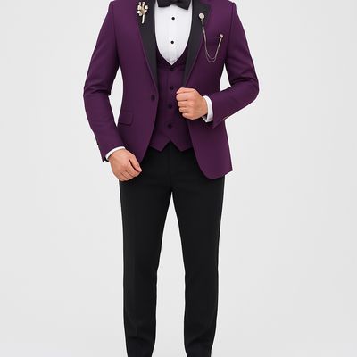 Imagen 1 del producto Traje de Hombre Slim Fit 4 Piezas Morado con Chaleco y Corbatín