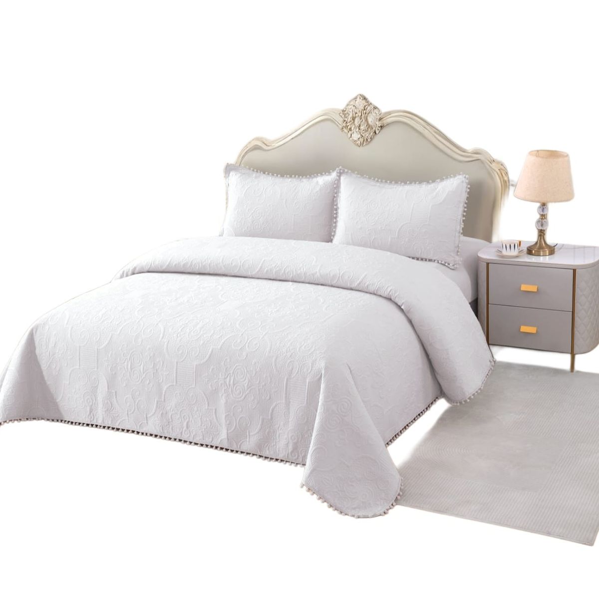 GENERICO - Quilt de Verano con Pompon 2 plazas Color Blanco Meipulis01