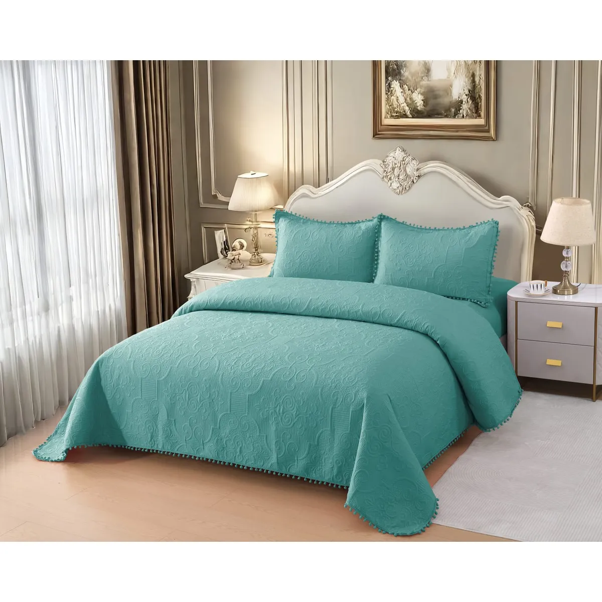 GENERICO - Quilt de Verano con Pompon 2 plazas Color Verde Meipulis02