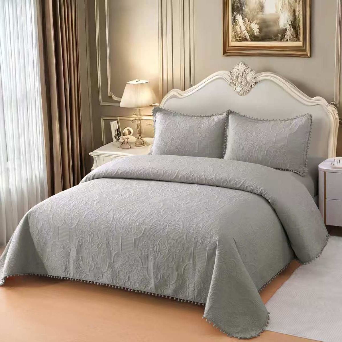 GENERICO - Quilt de Verano con Pompon 2 plazas Color Gris Meipulis04