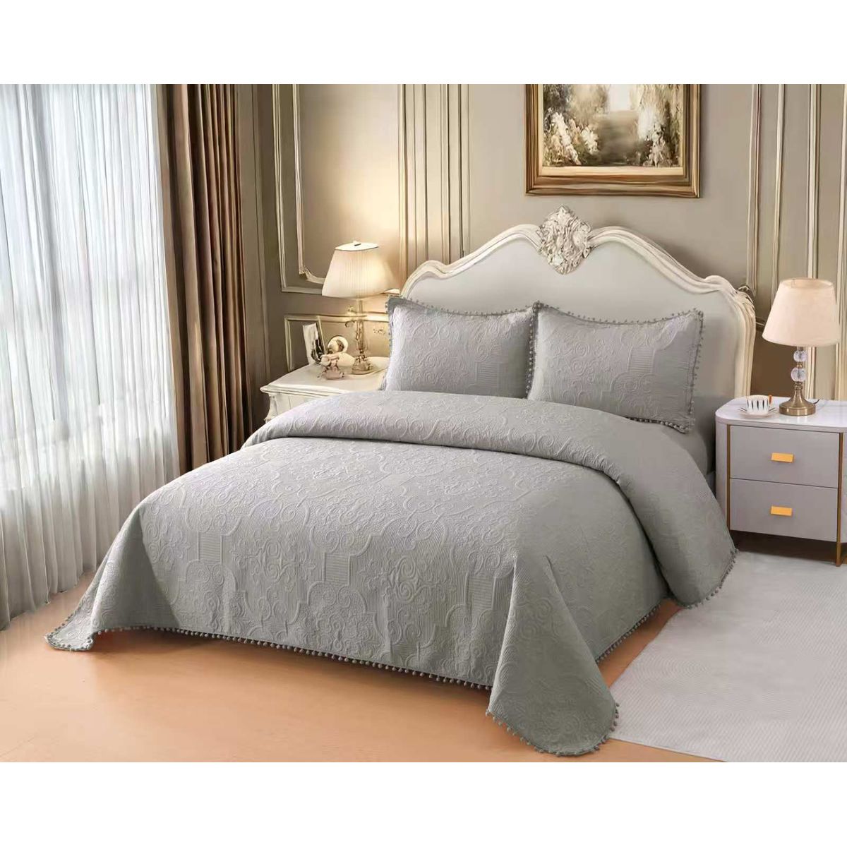 GENERICO - Quilt de Verano con Pompon 2 plazas Color Gris Meipulis04