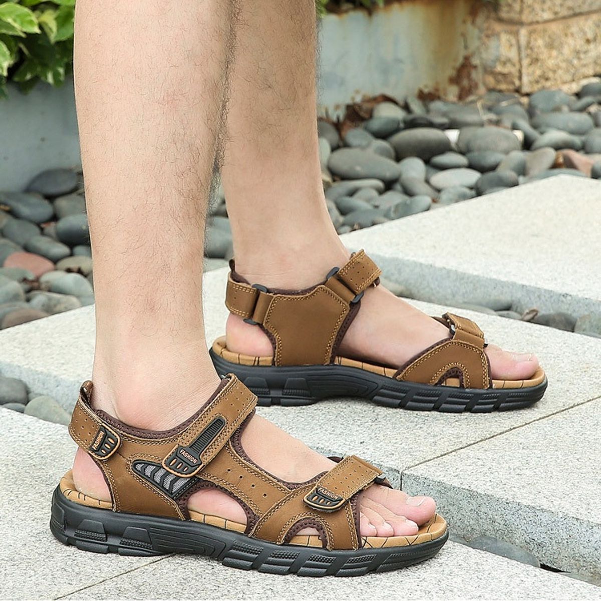 TIOZONEY - Sandalias abiertas para hombre-Marrón