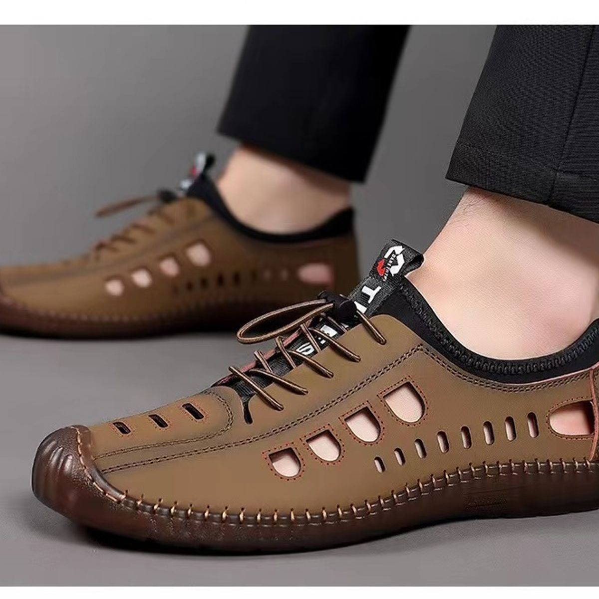 TIOZONEY - Sandalias abiertas para hombre-Marrón