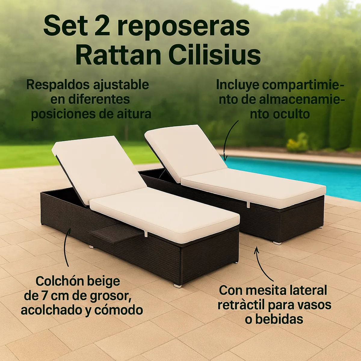 SPACE HOME - juego reposeras Cilisius rattan con 2 mesa retratil exterior