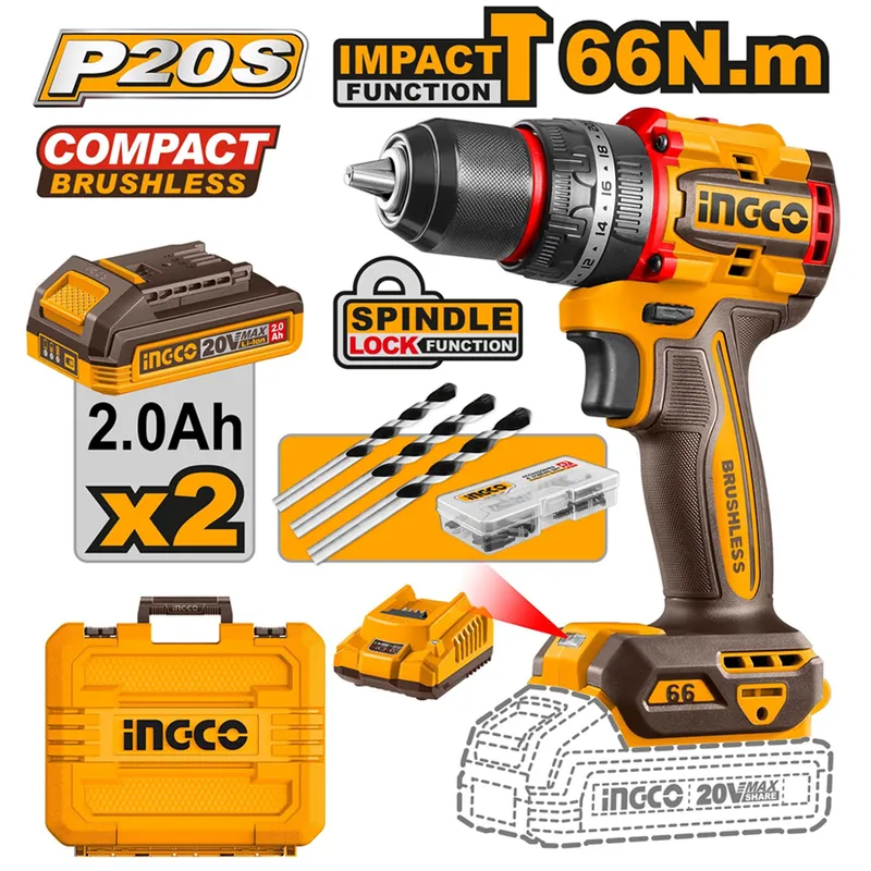 INGCO - Taladro Perc Inalámbrico Bl 20v Ingco + 2 Bateria Cidli20668
