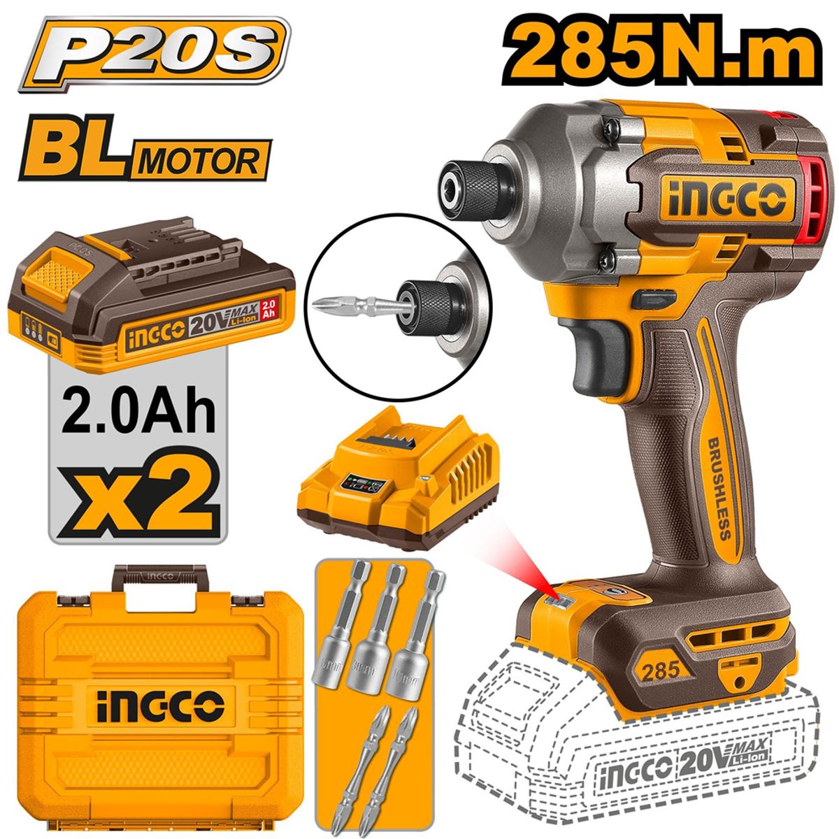 INGCO - Destornillador Atornillador De Impacto Bl 285 Nm Ingco +2B Cirli2028-7