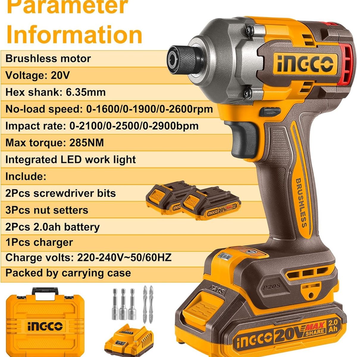 INGCO - Destornillador Atornillador De Impacto Bl 285 Nm Ingco +2B Cirli2028-7
