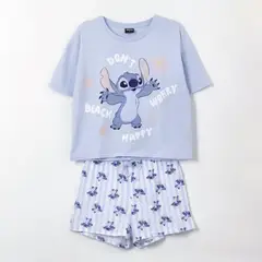 DISNEY - Pijama Manga Corta Mujer Celeste Flores Lilo & Stitch