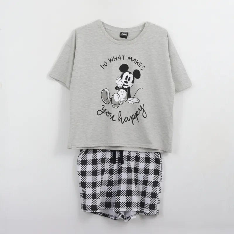 DISNEY - Pijama Manga Corta Mujer Gris Happy Mickey Disney