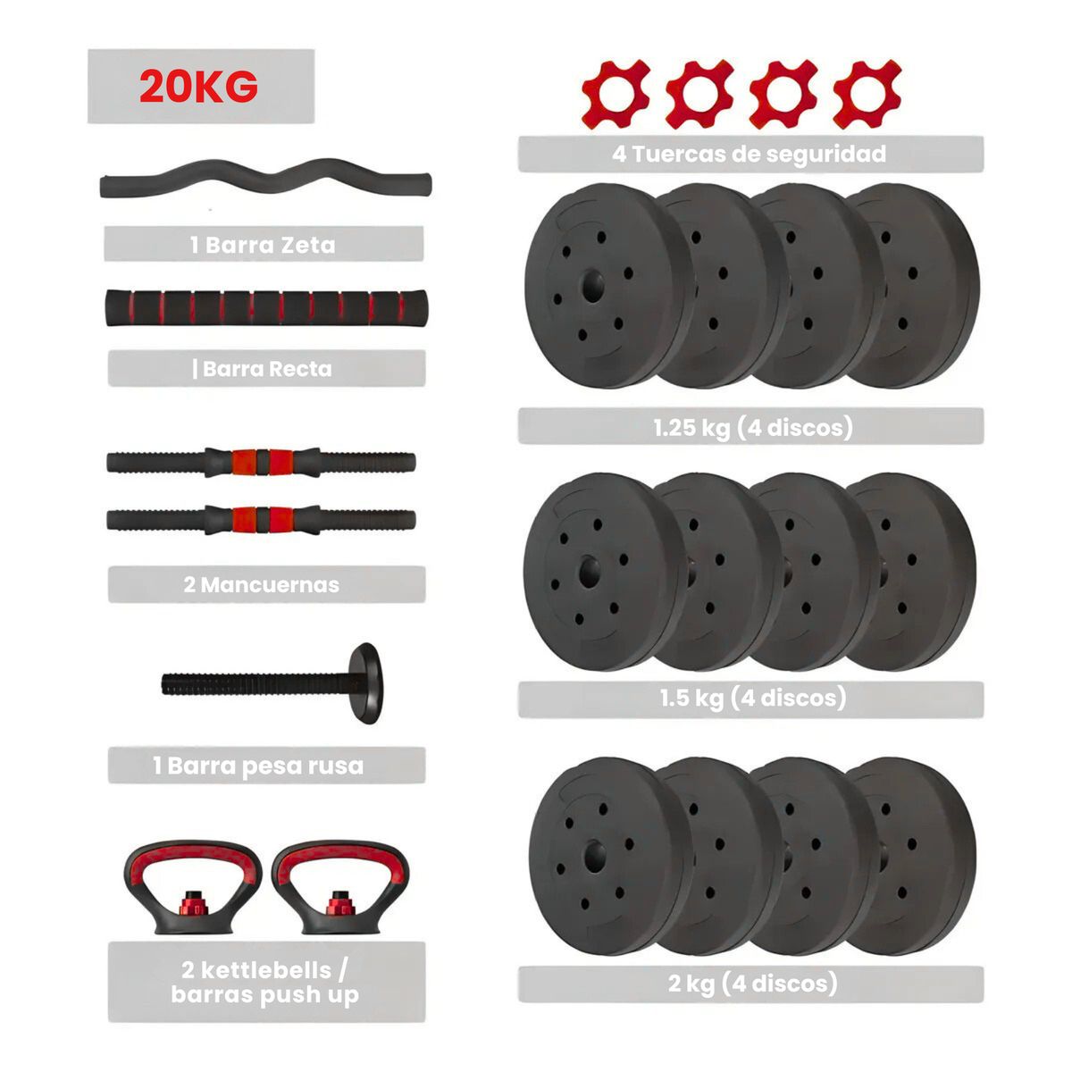 YEP S - Set Mancuernas 20 kg 5 en 1 Barra Z Extensor Rojo - Rojo