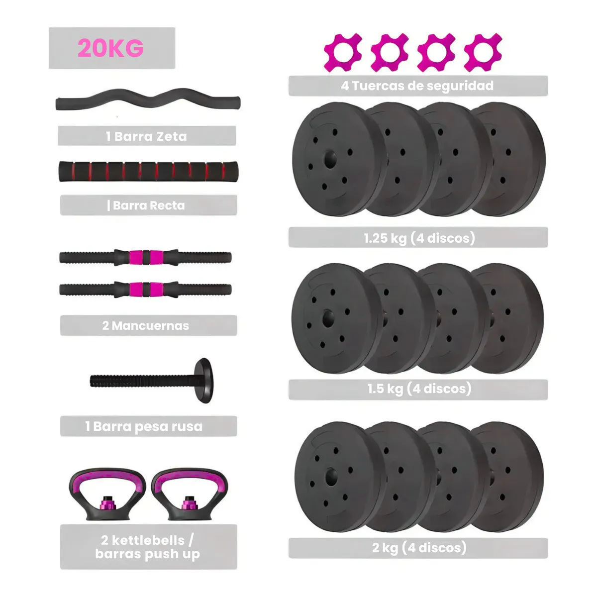 YEP S - Set Mancuernas 20 kg 5 en 1 Barra Z Extensor Rojo - Rosa