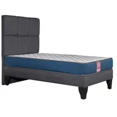 COLBOX - Cama Europea America-Azul + Respaldo Atenas 1 PL Tela Gris Oscuro