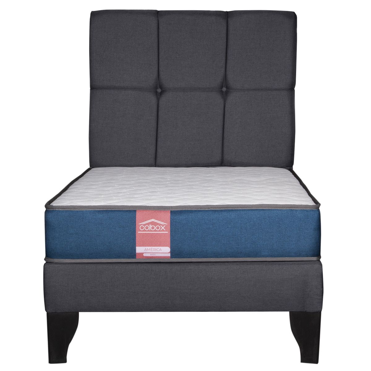 COLBOX - Cama Europea America-Azul + Respaldo Atenas 1 PL Tela Gris Oscuro