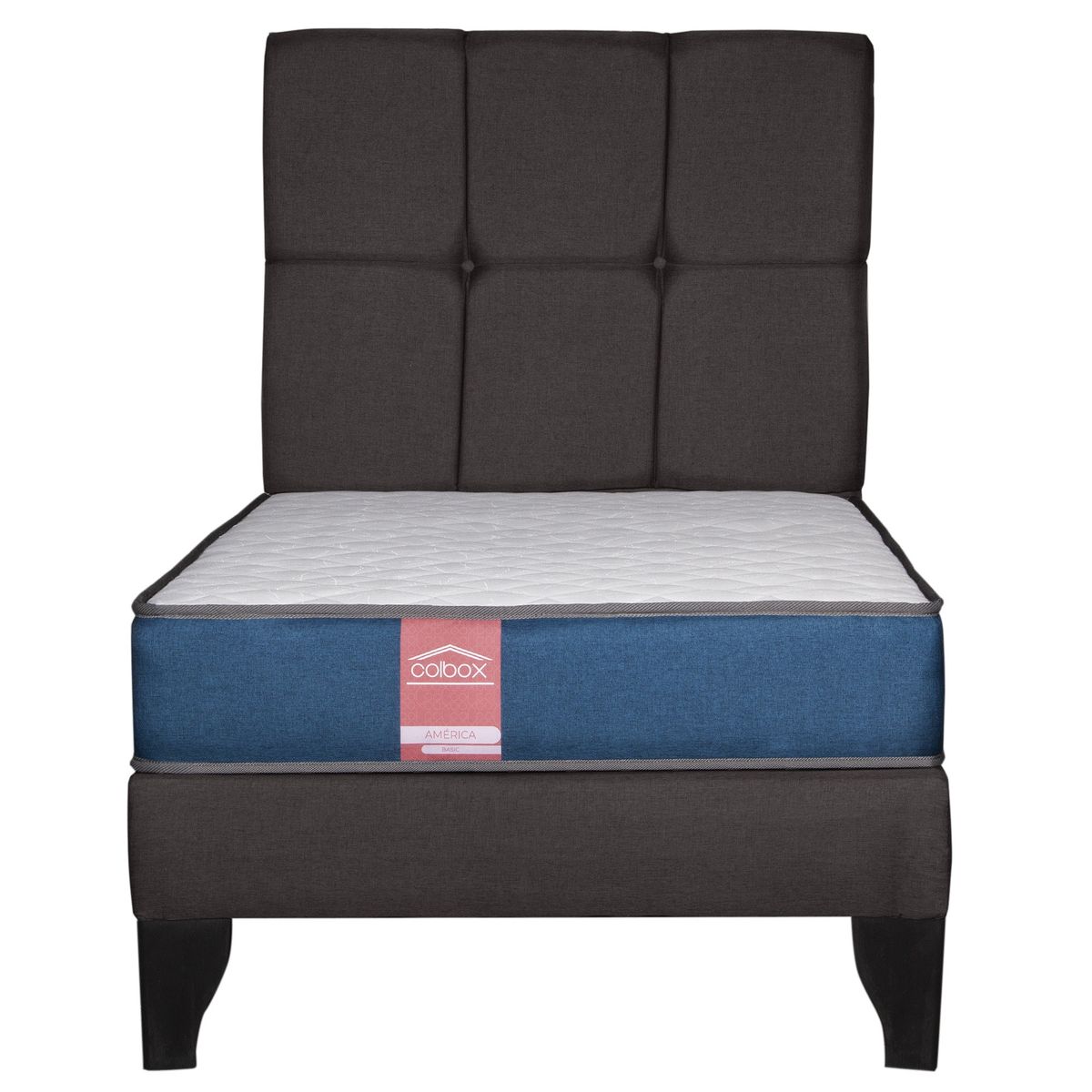 COLBOX - Cama Europea America-Azul + Respaldo Atenas 1 PL Tela Chocolate