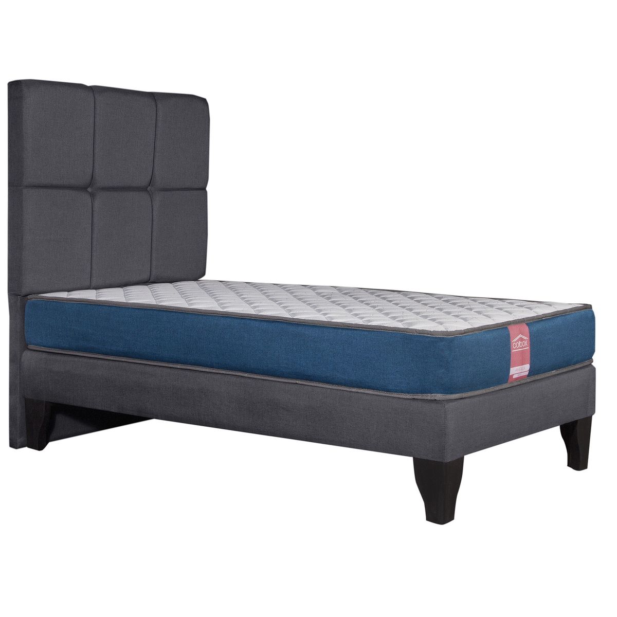 COLBOX - Cama Europea America-Azul + Respaldo Atenas 15 PL Tela Gris Oscuro