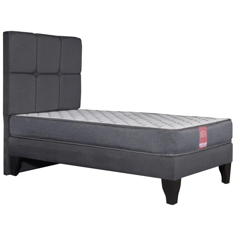 COLBOX - Cama Europea America-Gris + Respaldo Atenas 15 PL Tela Gris Oscuro
