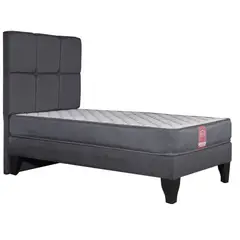 COLBOX - Cama Europea America-Gris + Respaldo Atenas 15 PL Tela Gris Oscuro