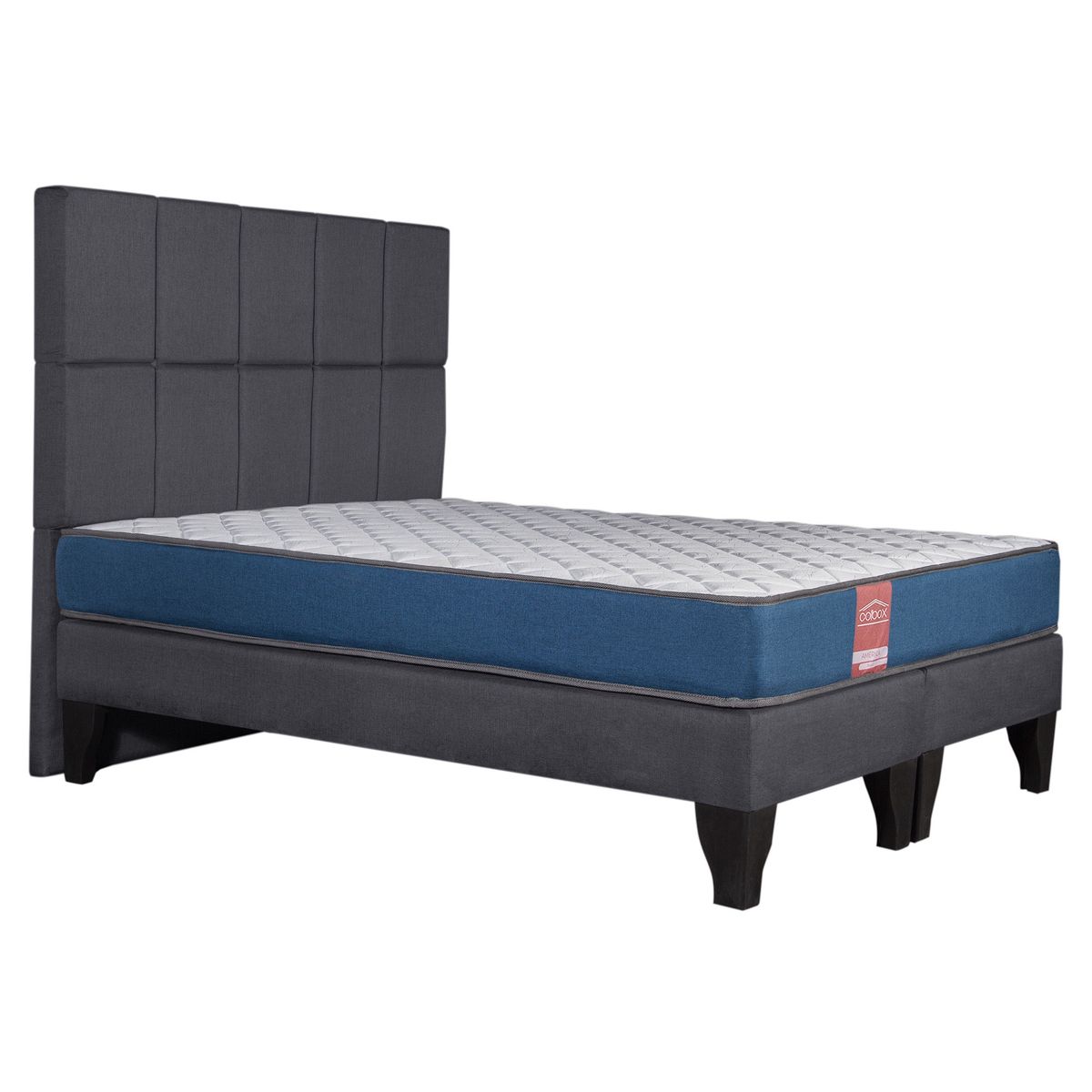 COLBOX - Cama Europea America-Azul + Respaldo Atenas 2 PL Tela Gris Oscuro