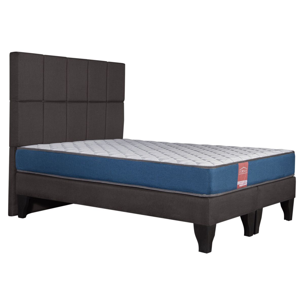 COLBOX - Cama Europea America-Azul + Respaldo Atenas 2 PL Tela Chocolate