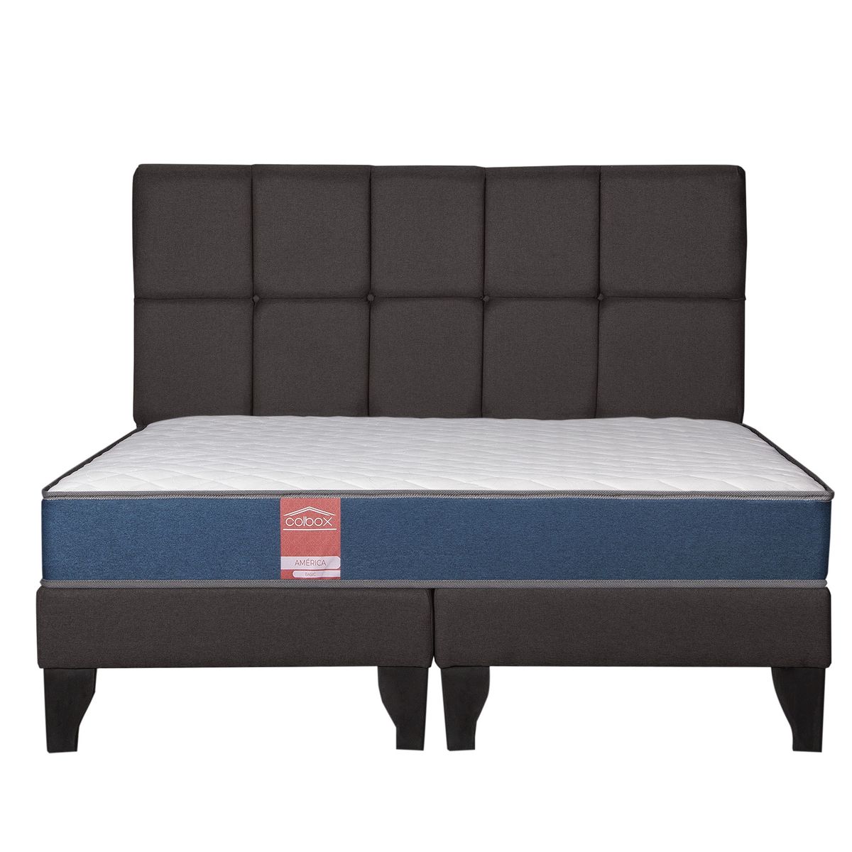 COLBOX - Cama Europea America-Azul + Respaldo Atenas King Tela Chocolate