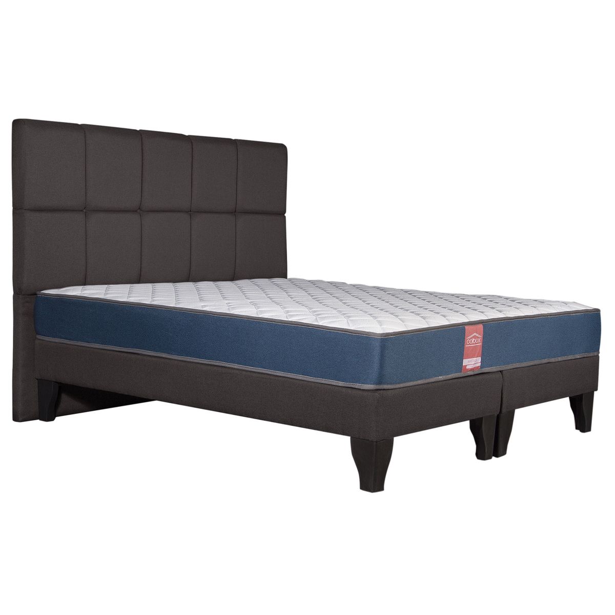 COLBOX - Cama Europea America-Azul + Respaldo Atenas King Tela Chocolate