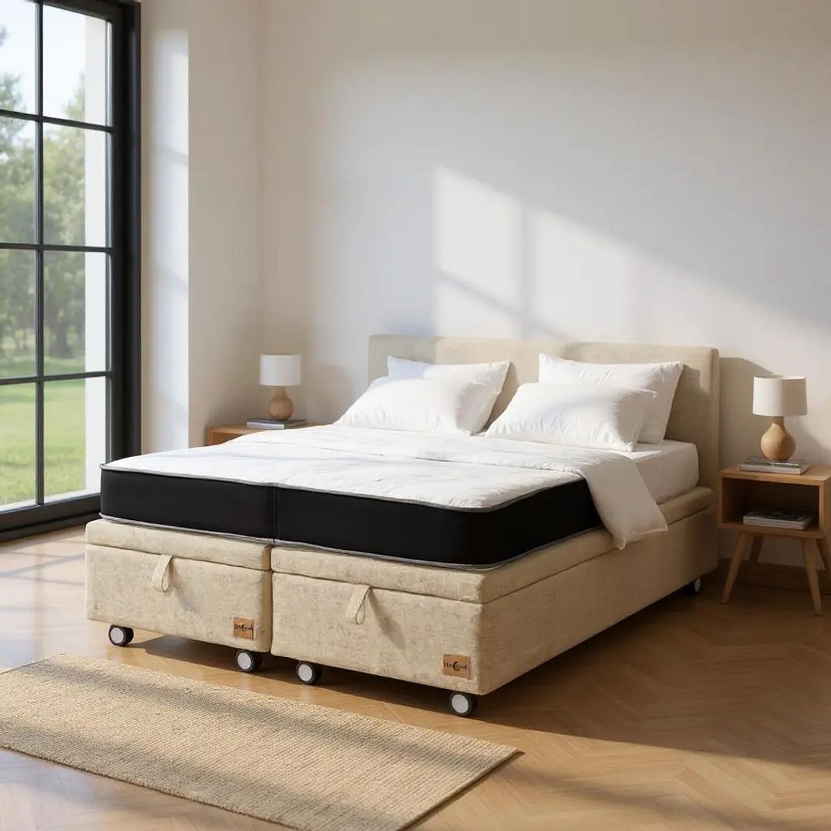 BLOCCARE - Cama Baul 2 Plazas + Colchon Black L190/Ruedas LOGO (Beige)