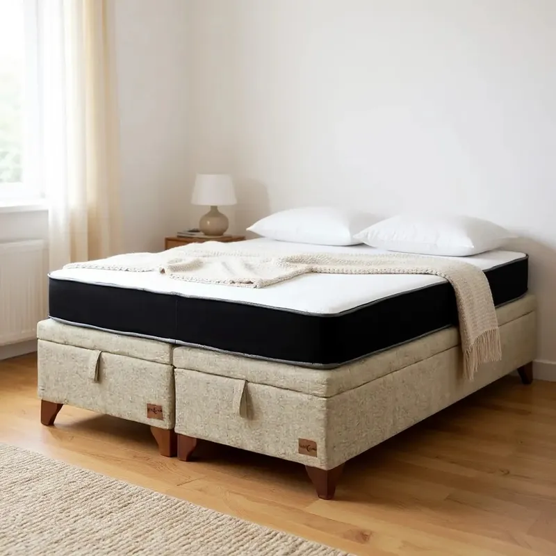 BLOCCARE - Cama Baul 2 Plazas + Colchon Black L190 /Patas Madera 11 CM (Beige)