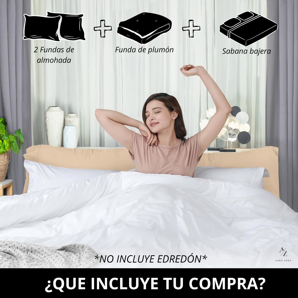 AZ AURAZEUS - Juego Funda Plumon + Sabana Bajera + Funda Almohada Hilos Blanca Az