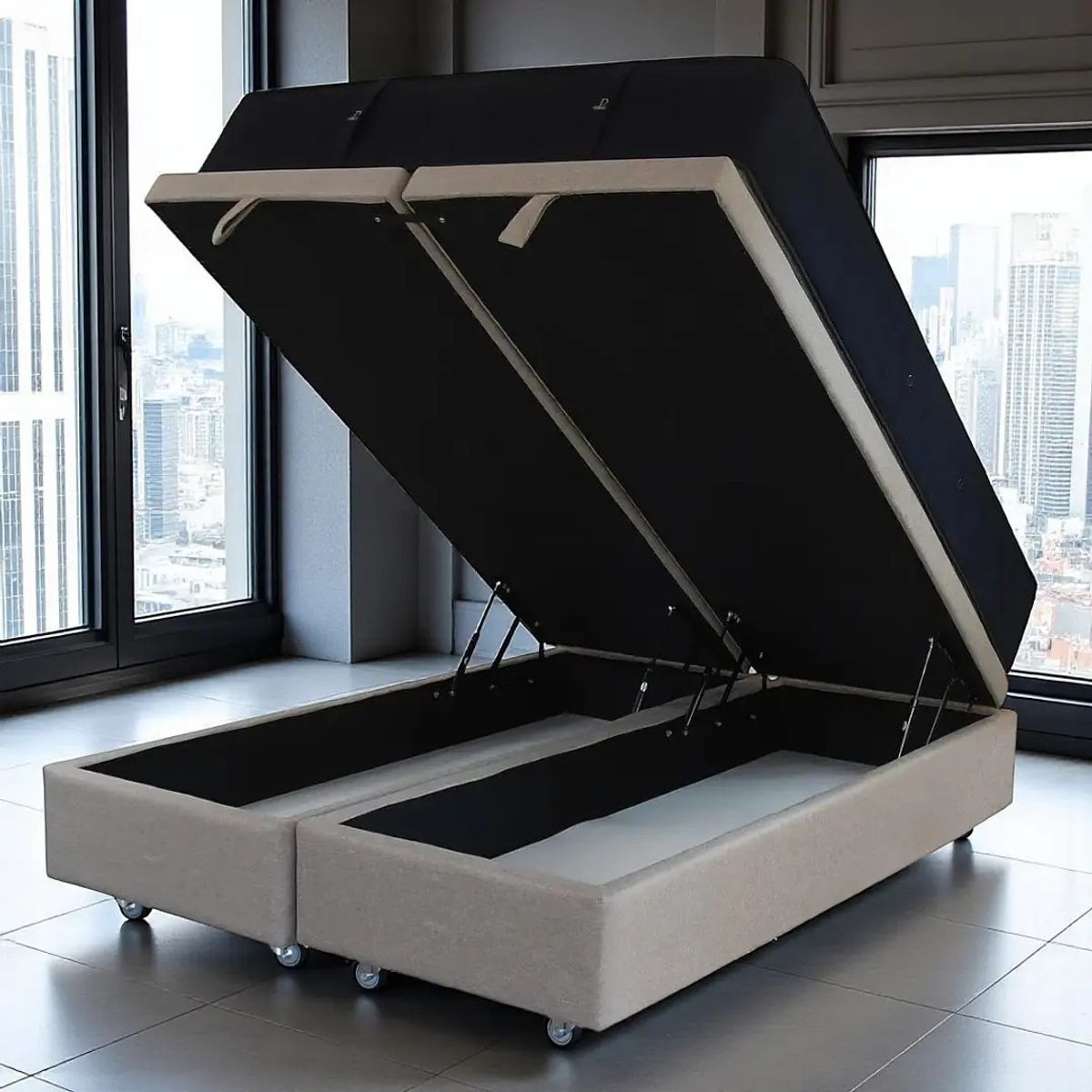 BLOCCARE - Cama Baul 2 Plazas L200+ Colchon CIC PREMIUM /Ruedas DELUXE (Beige)