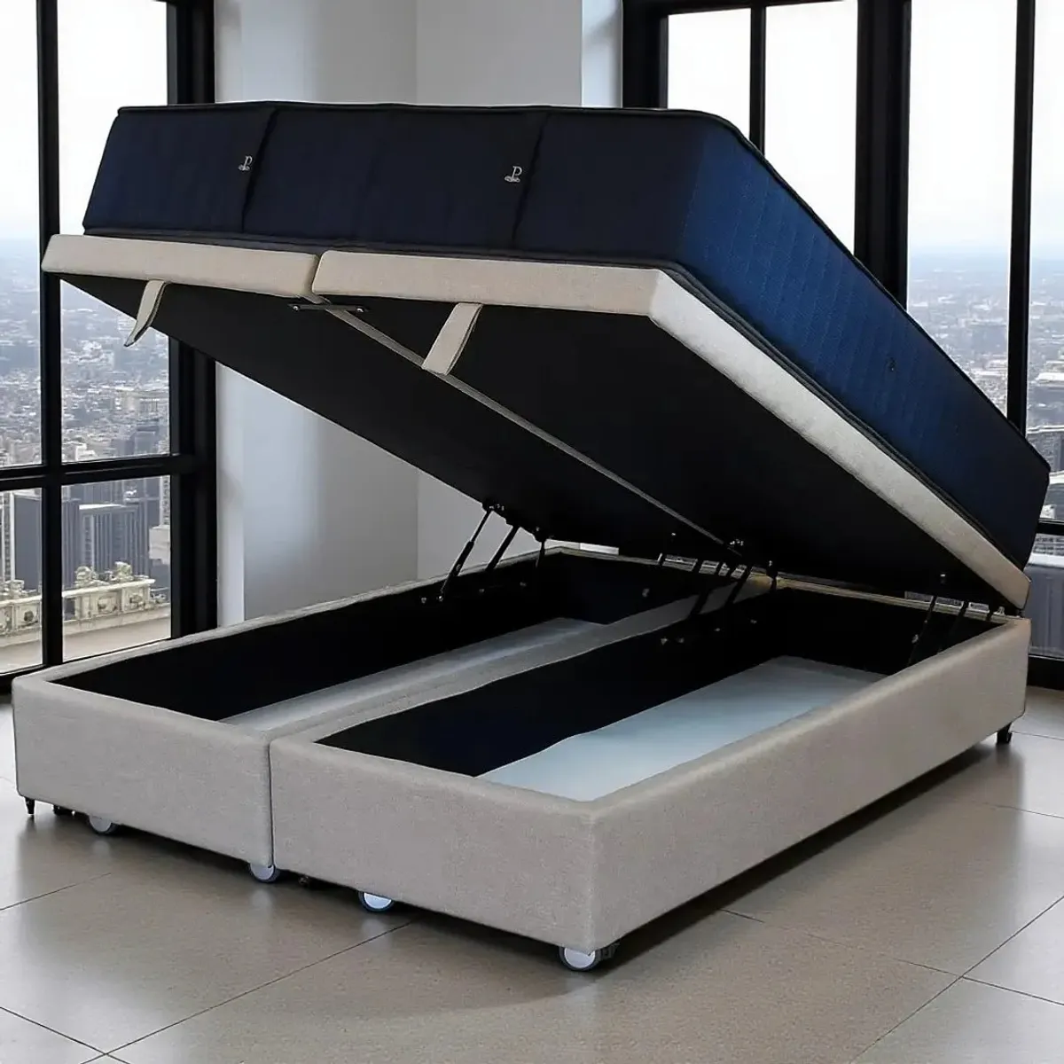 BLOCCARE - Cama Baul 2 Plazas L190+ Colchon CIC SUPERPREMIUM/Ruedas LOGO Beige