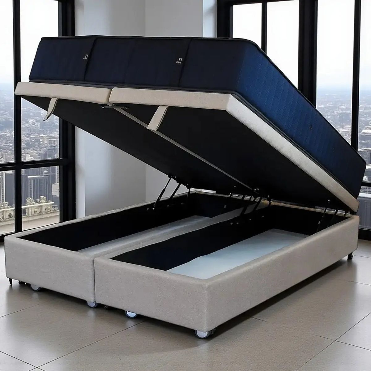 BLOCCARE - Cama Baul 2 Plazas L190+ Colchon CIC SUPERPREMIUM/Ruedas LOGO Beige