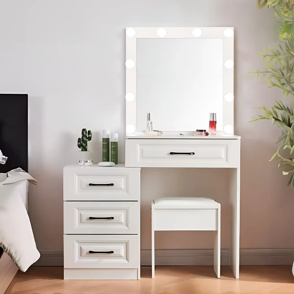 HOMIMAD - Tocador 4 cajones, iluminación y espejo con repisa y silla hollywood