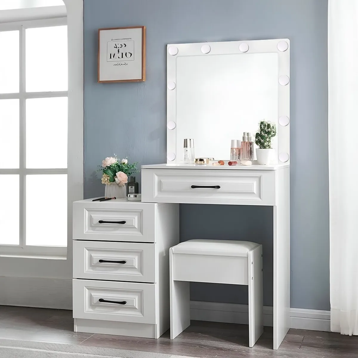 HOMIMAD - Tocador 4 cajones, iluminación y espejo con repisa y silla hollywood