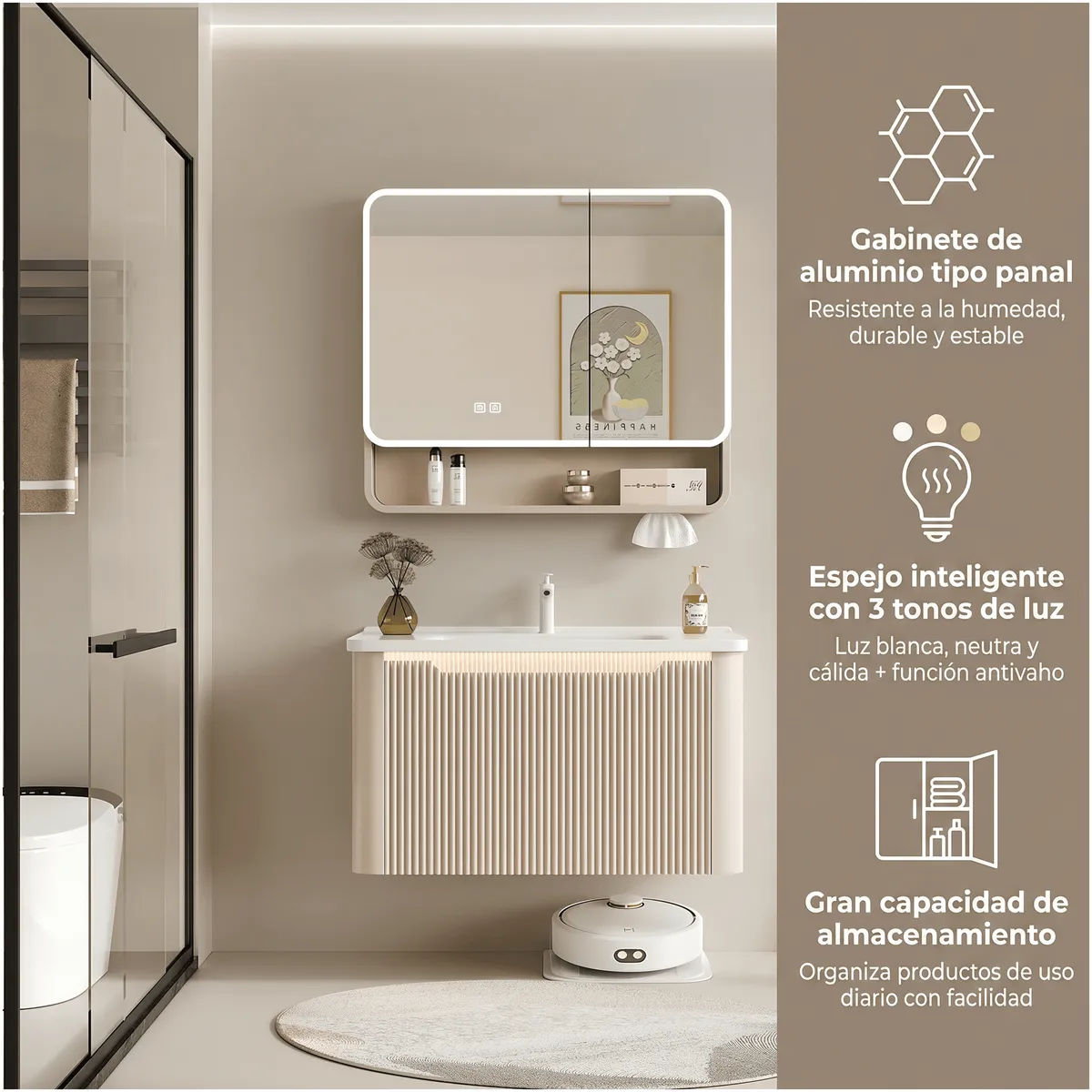 HOMER DESIGN - Vanitorio Luz Con Sensor + Botiquín Espejo Inteligente 80cm