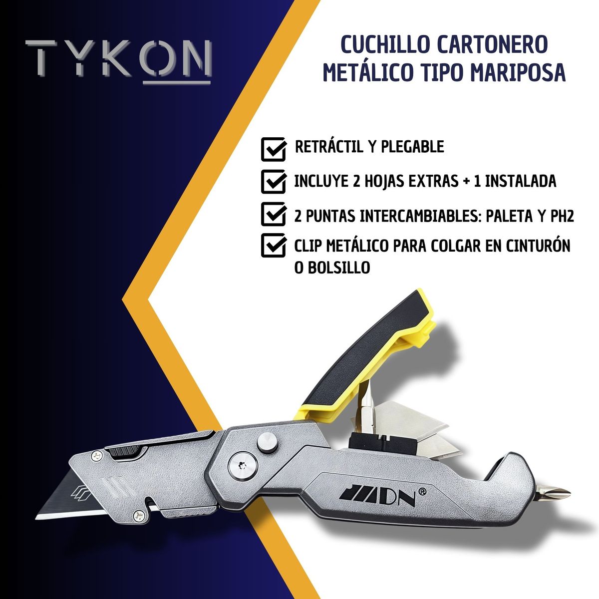 TYKON - Cuchillo Cartonero Metalico Tipo Mariposa con repuestos