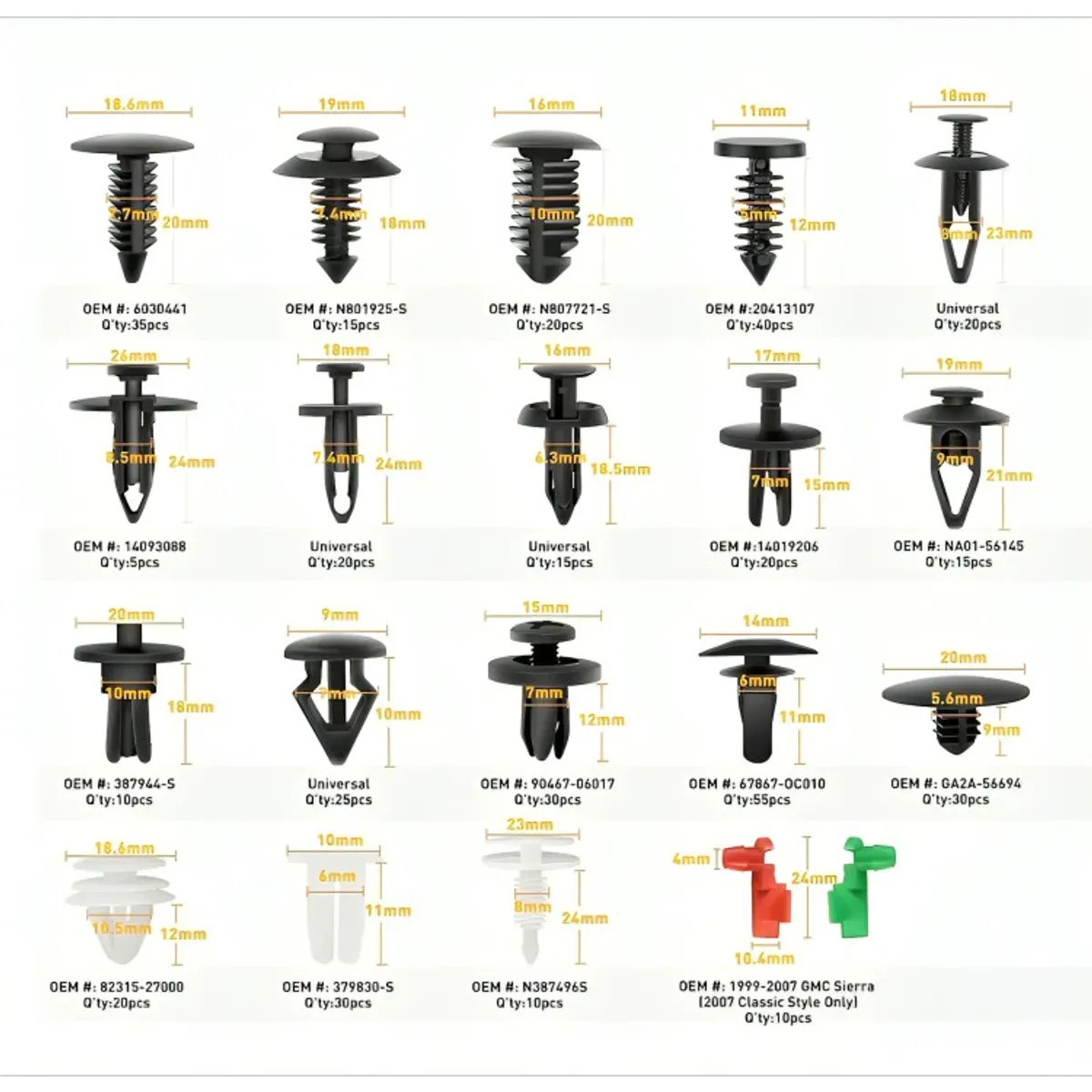 GENERICO - Set 460 Clips Broches Puerta Parachoque Auto Tapabarro Reten