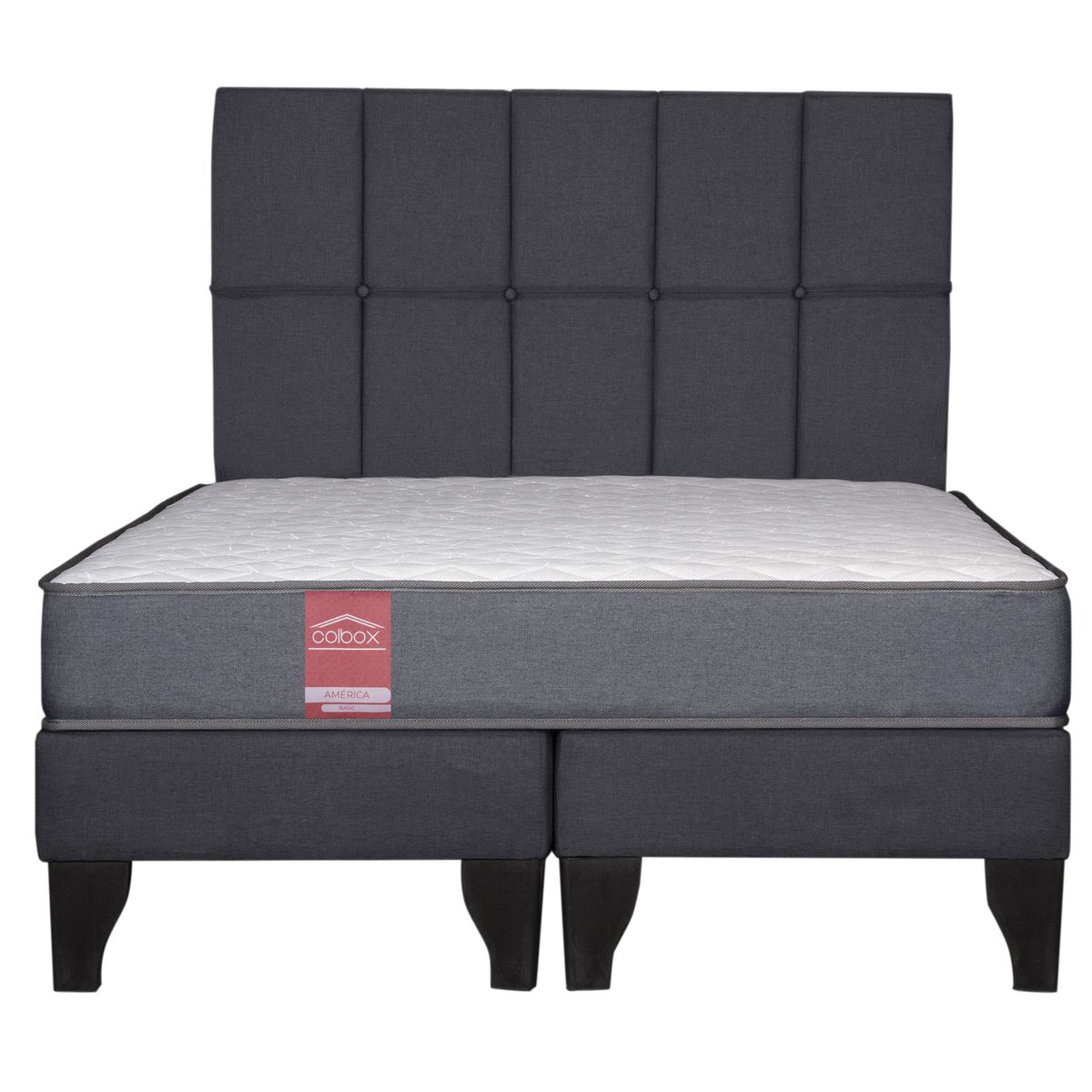 COLBOX - Cama Europea America-Gris + Respaldo Atenas 2 PL Tela Gris Oscuro