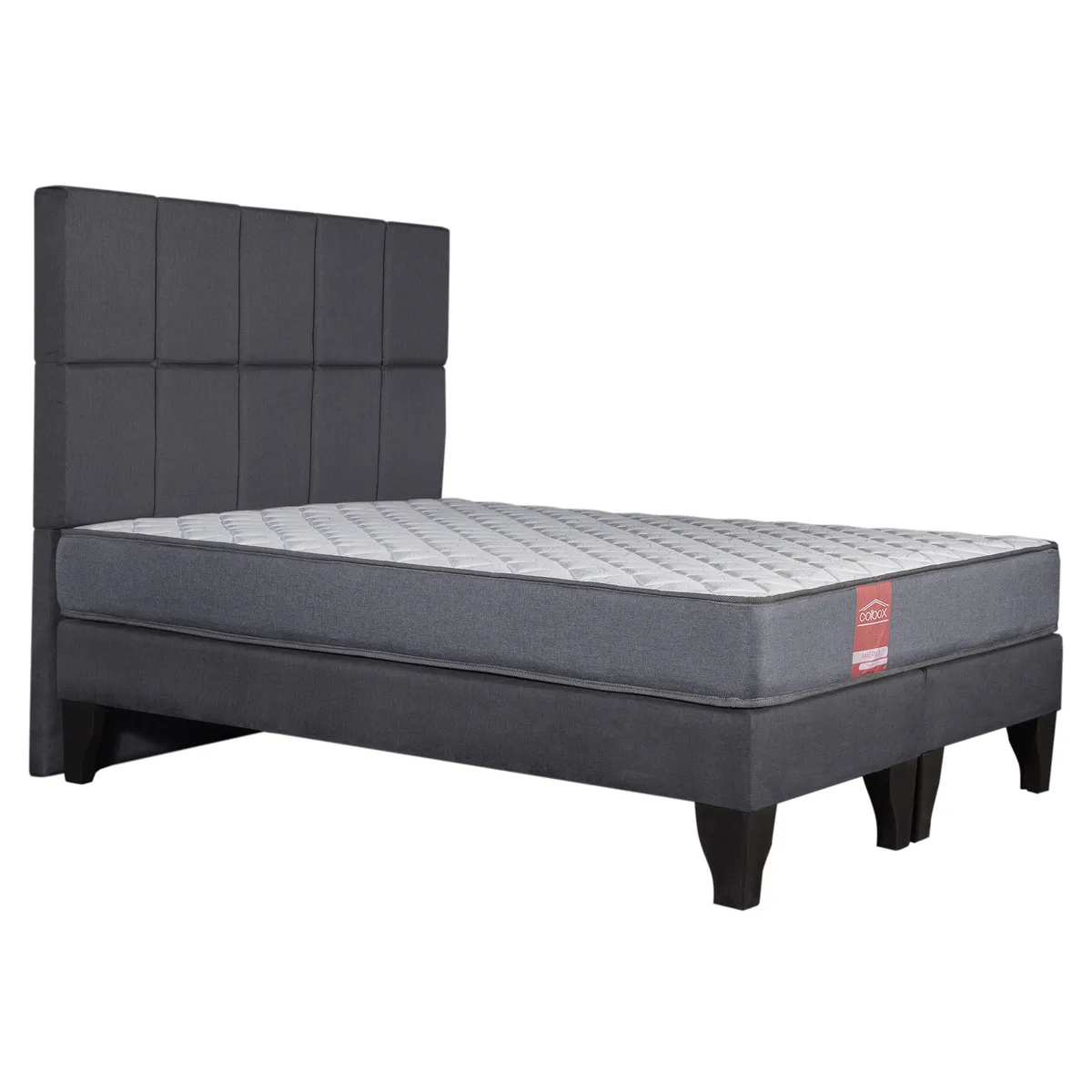 COLBOX - Cama Europea America-Gris + Respaldo Atenas 2 PL Tela Gris Oscuro