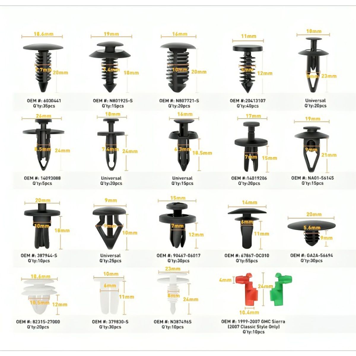 GENERICO - Set 460 Clips Broches Puerta Parachoque Auto Tapabarro Reten