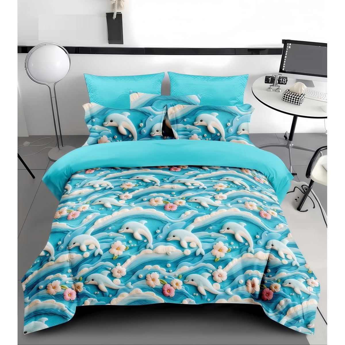 GENERICO - CUBRECAMA QUILT DISEÑO 5D  CELSTE DELFINES TF VERANO