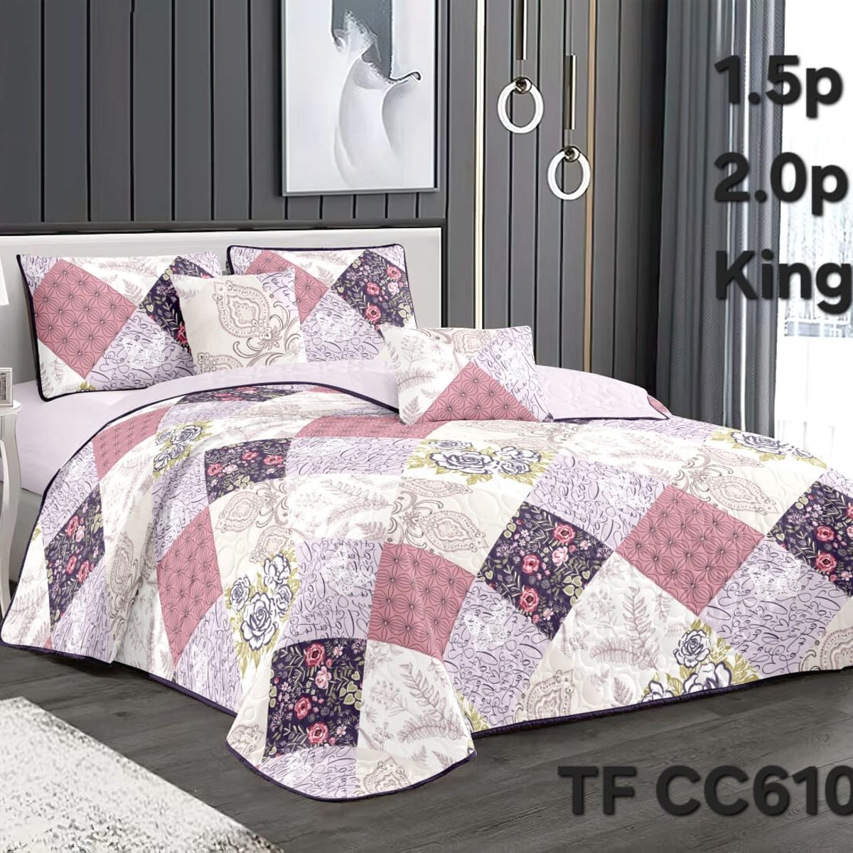 GENERICO - Cobertor Quilt de Verano 1,5 plaza - Violeta y Palo Rosa Rombos