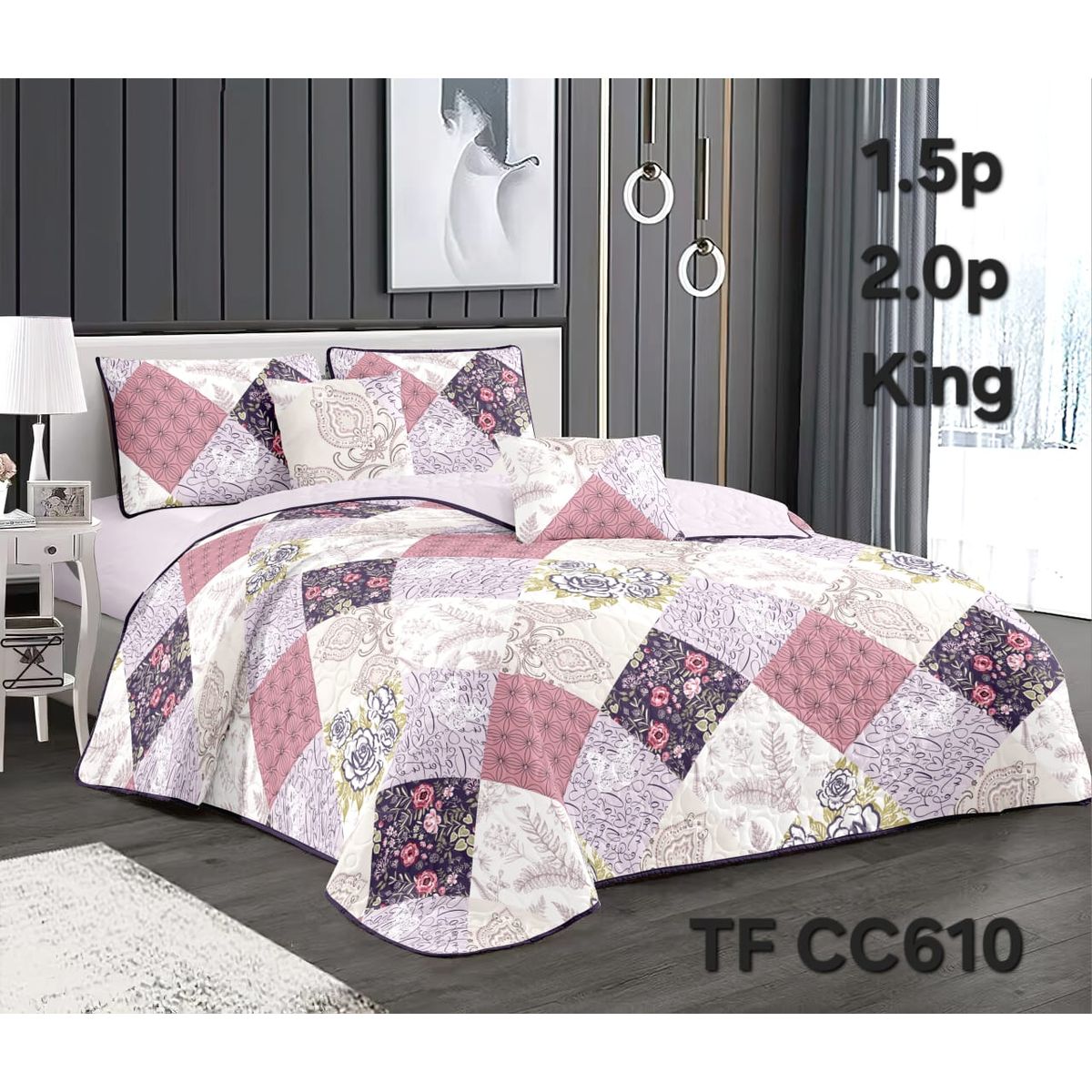 GENERICO - Cobertor Quilt de Verano 1,5 plaza - Violeta y Palo Rosa Rombos