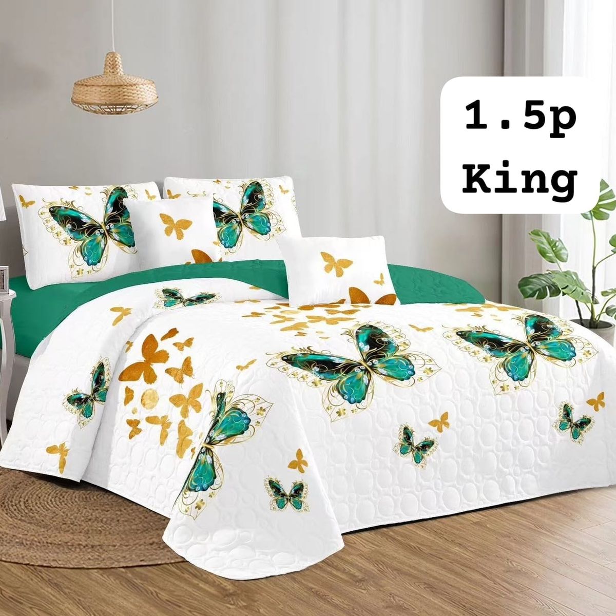 GENERICO - Cobertor Quilt de Verano 1,5 plaza - Blanco y Verde Mariposas